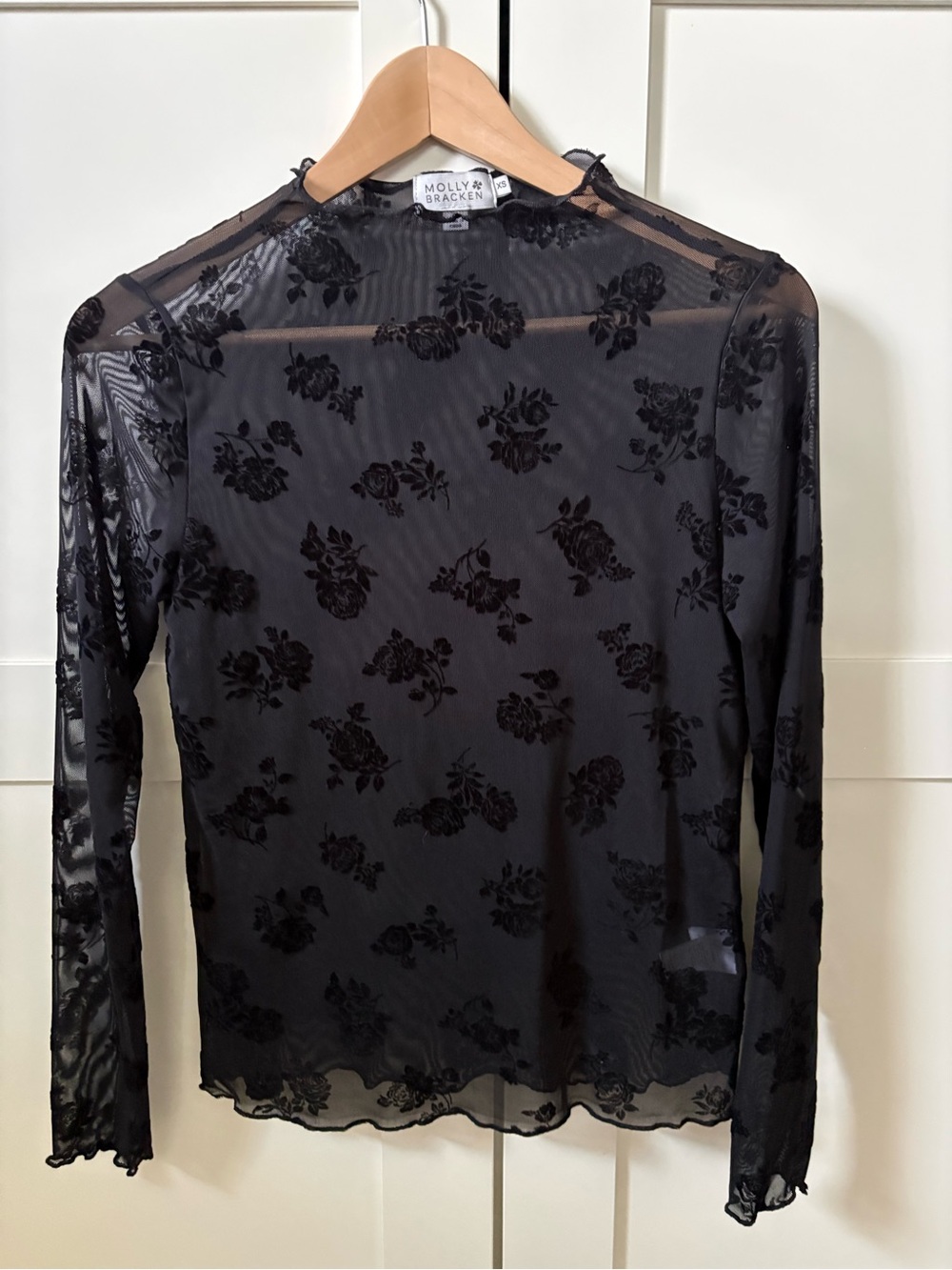 Molly Bracken Black Flocked Floral Sheer Long-Sleeve Top